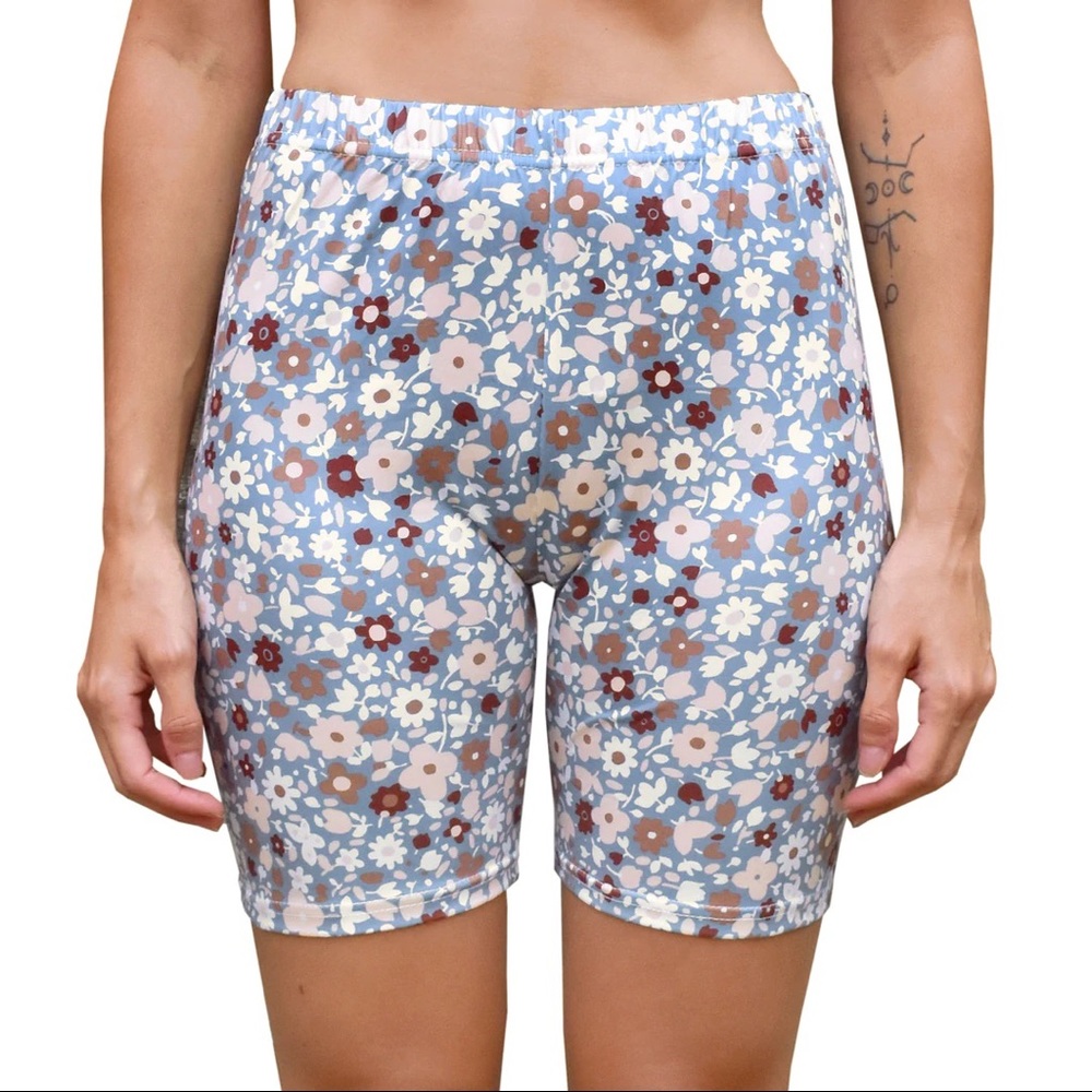High Waisted Bike Shorts - Indigo Blue Floral